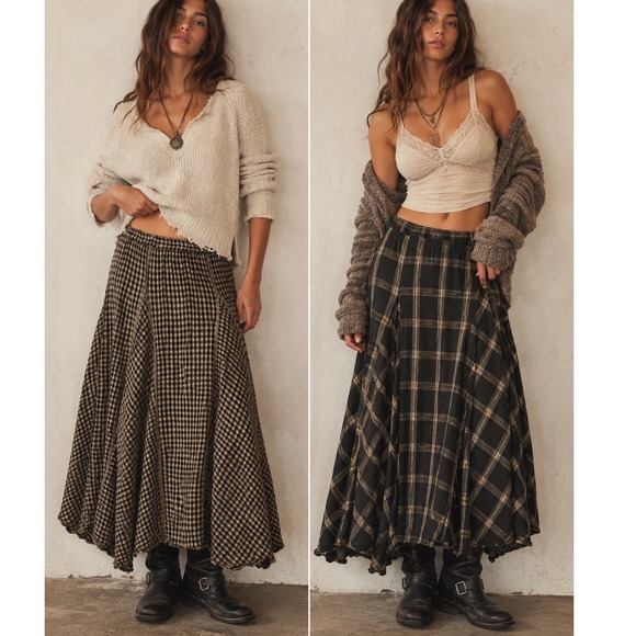 Free People Dresses & Skirts - Reversible Gingham Plaid Maxi Skirt Black Tan Elastic Waist Boho